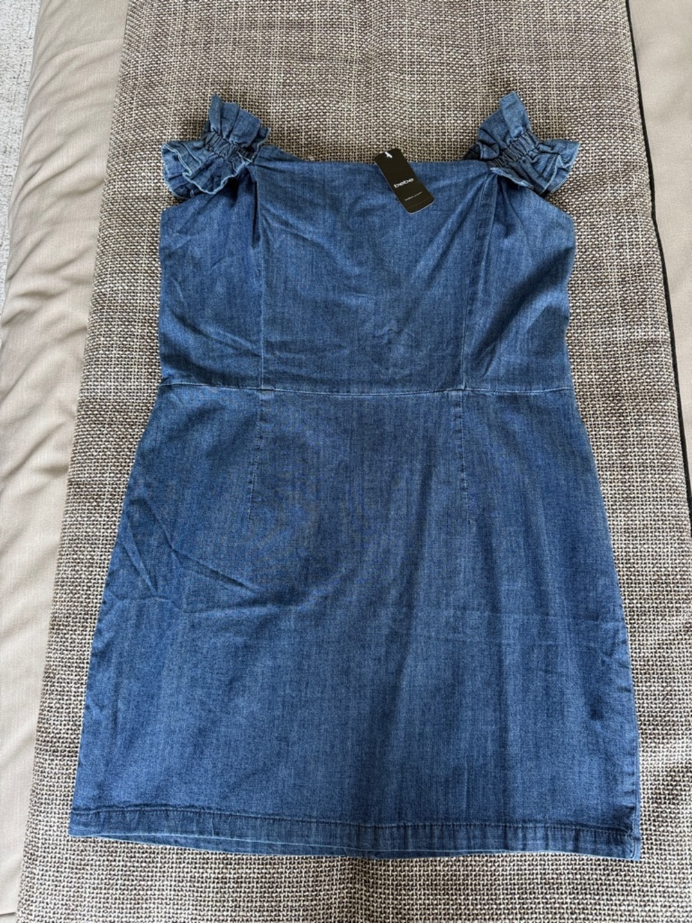 bebe Denim Off-Shoulder Mini Dress in Dark Blue